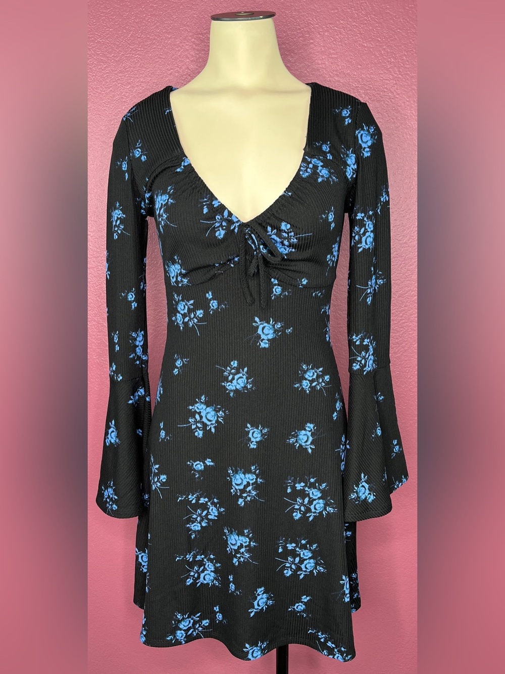 Topshop Floral Tea Dress Black & Blue With Bell Sleeves NWT